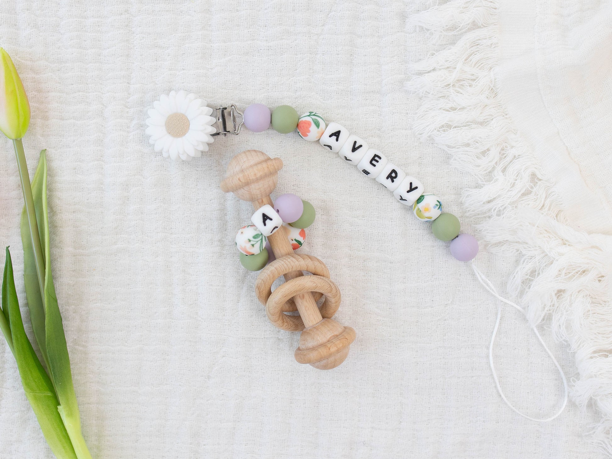 White Flower Pacifier Clip & Matching Rattle - itty Bitty Keepsake