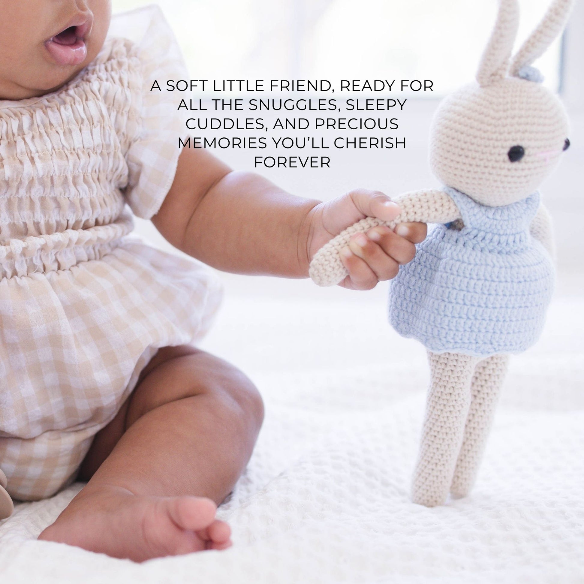 Personalized Pacifier Clip & Wooden Rattle Set with Light Blue Crochet Bunny – Custom Baby Shower Gift, Newborn Girl Keepsake - itty Bitty Keepsake