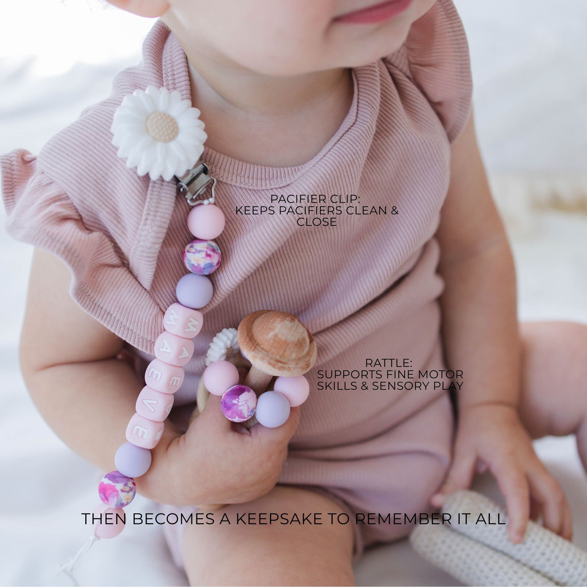 White Flower Pink Letter Blocks Pacifier Clip & Rattle - itty Bitty Keepsake