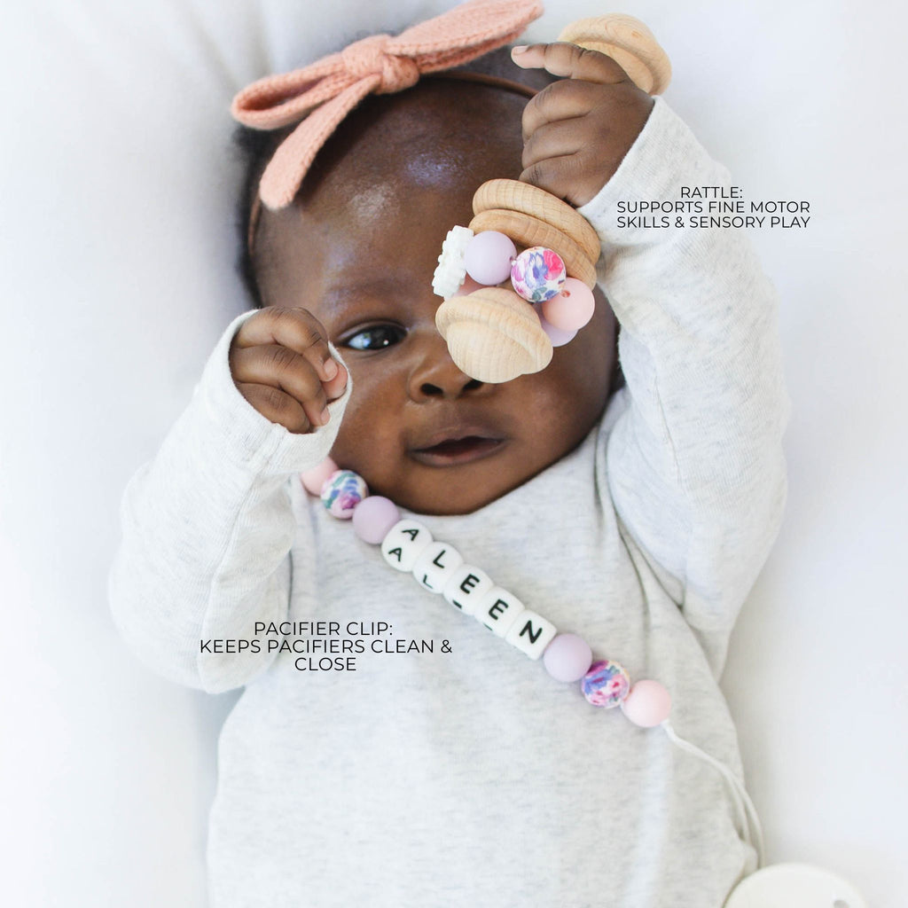 White Flower Pacifier Clip & Matching Rattle - itty Bitty Keepsake