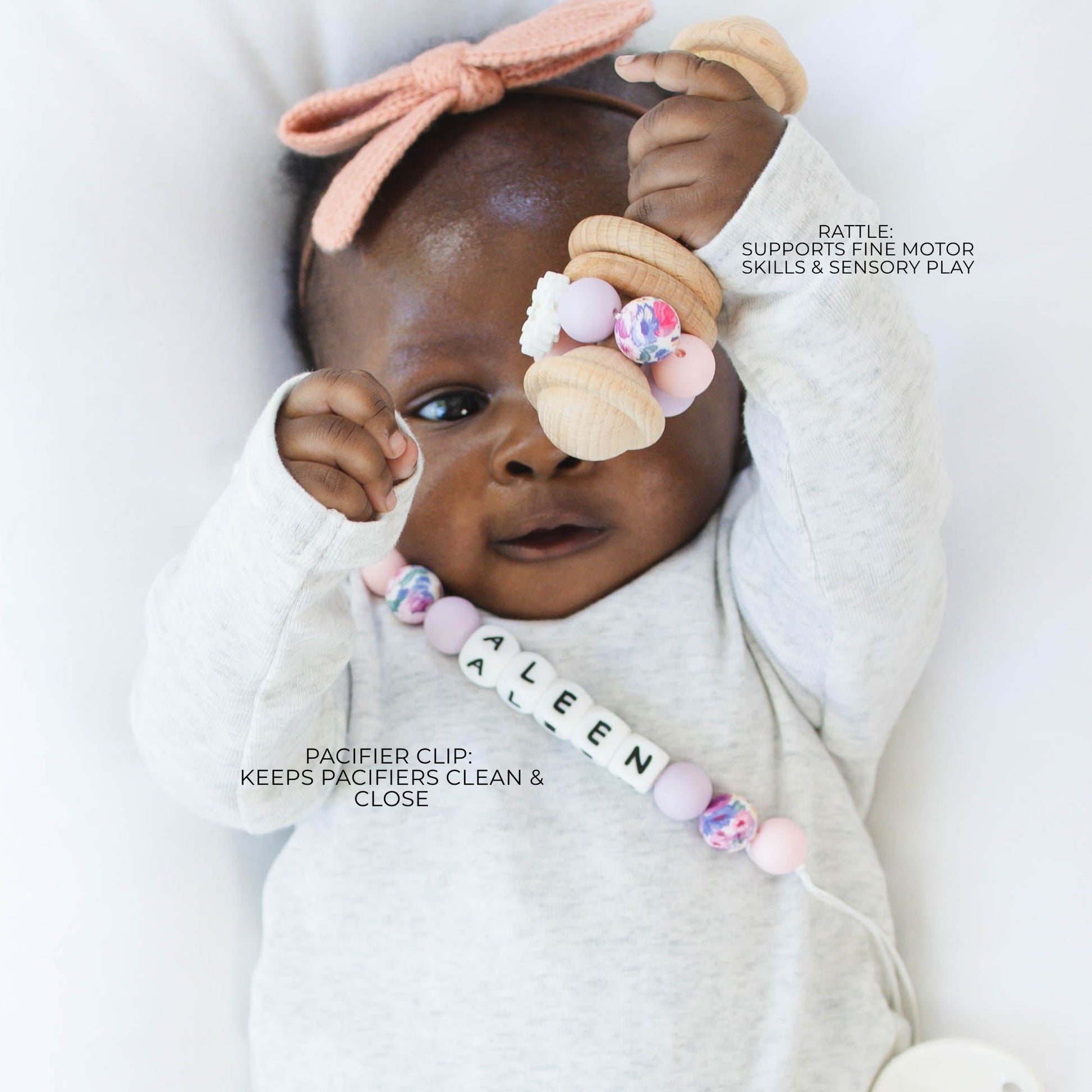 White Flower Pacifier Clip & Matching Rattle - itty Bitty Keepsake