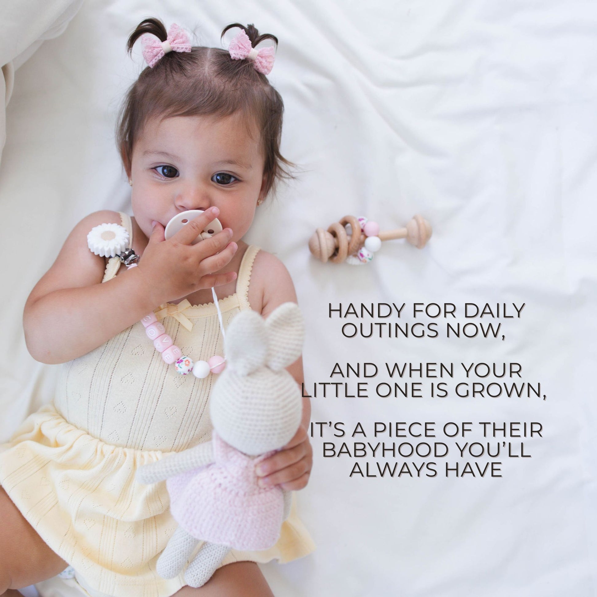 White Flower Pink Letter Blocks Pacifier Clip & Rattle - itty Bitty Keepsake