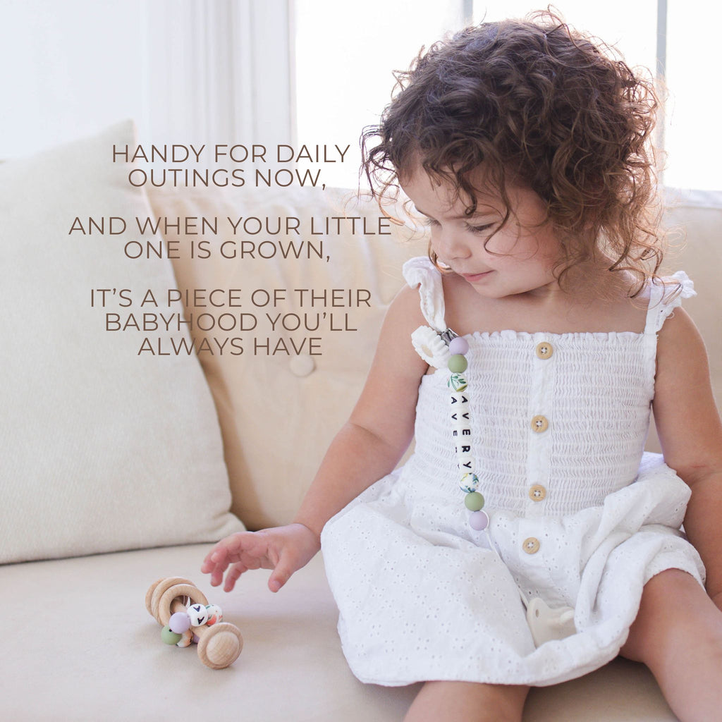 White Flower Pacifier Clip & Matching Rattle - itty Bitty Keepsake