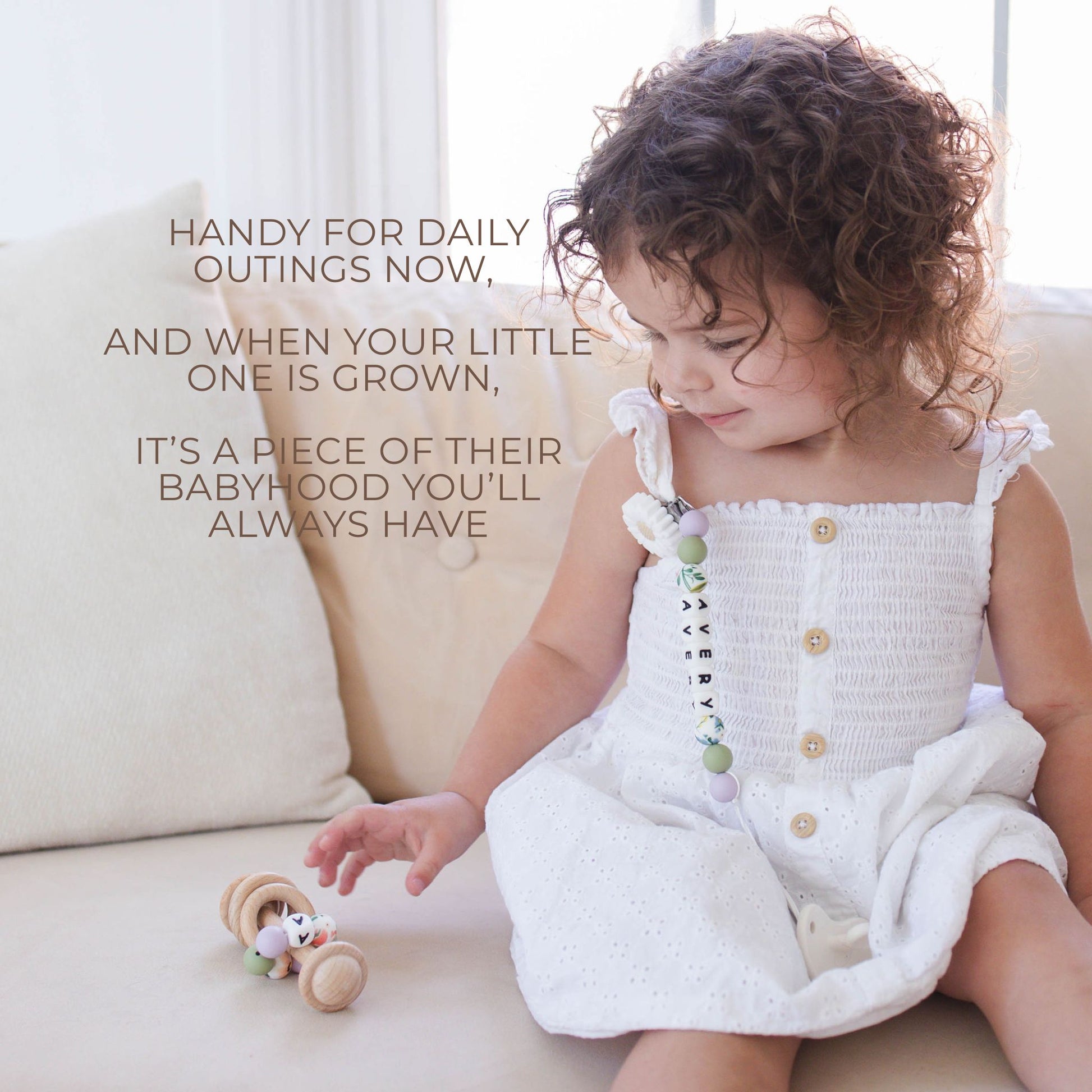 White Flower Pacifier Clip & Matching Rattle - itty Bitty Keepsake
