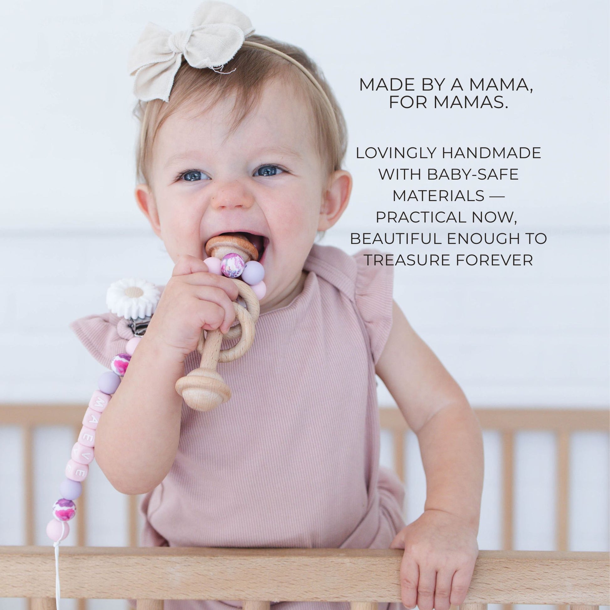 White Flower Pink Letter Blocks Pacifier Clip & Rattle - itty Bitty Keepsake