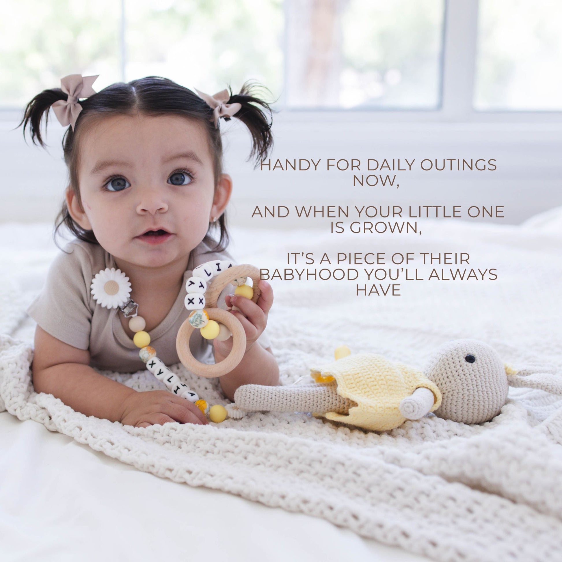 White Flower Pacifier Clip & Rattle - itty Bitty Keepsake