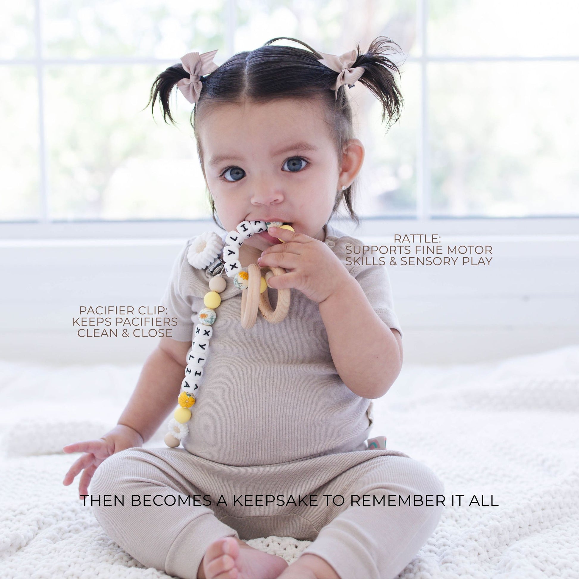 White Flower Pacifier Clip & Rattle - itty Bitty Keepsake