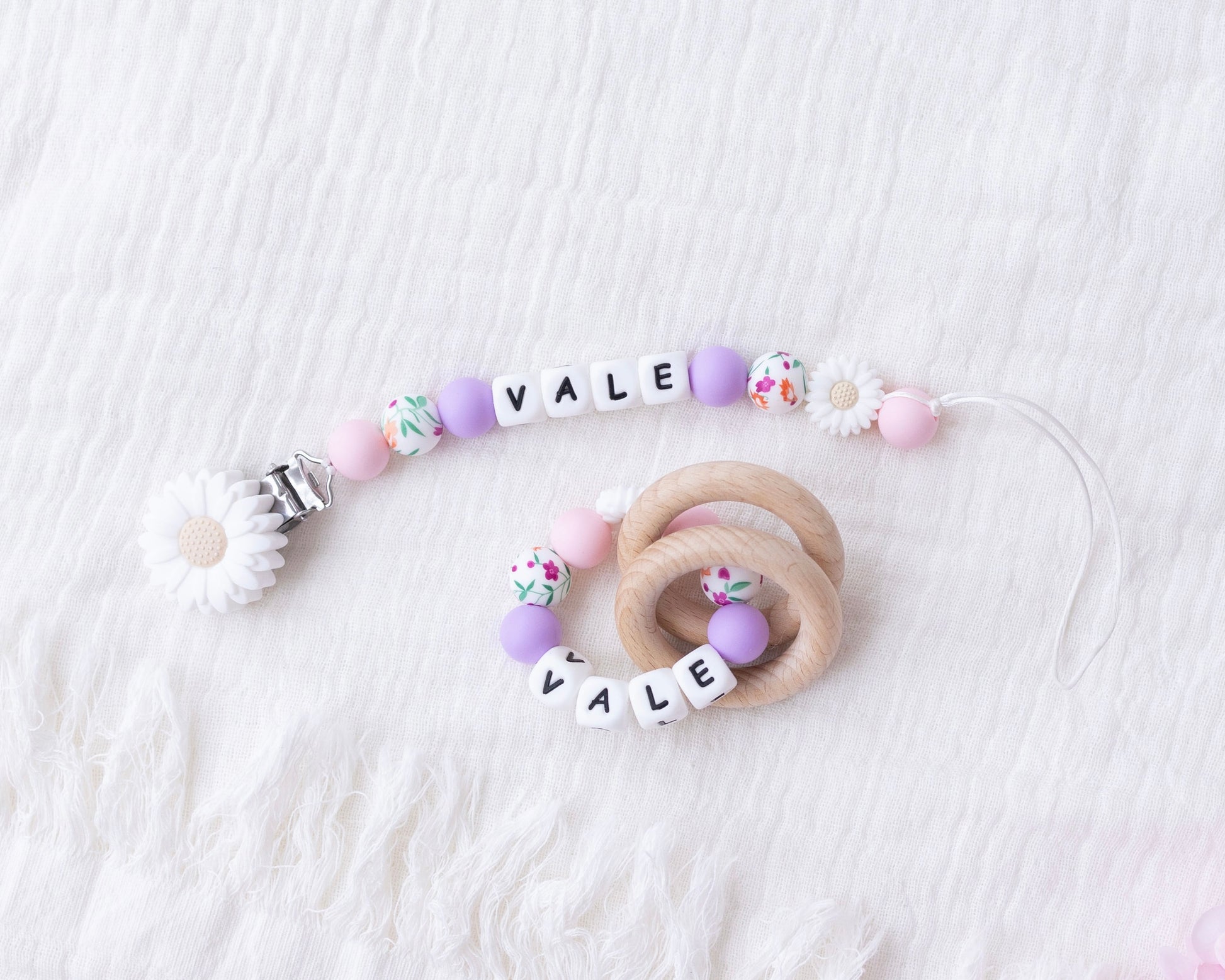 White Flower Pacifier Clip & Rattle - itty Bitty Keepsake
