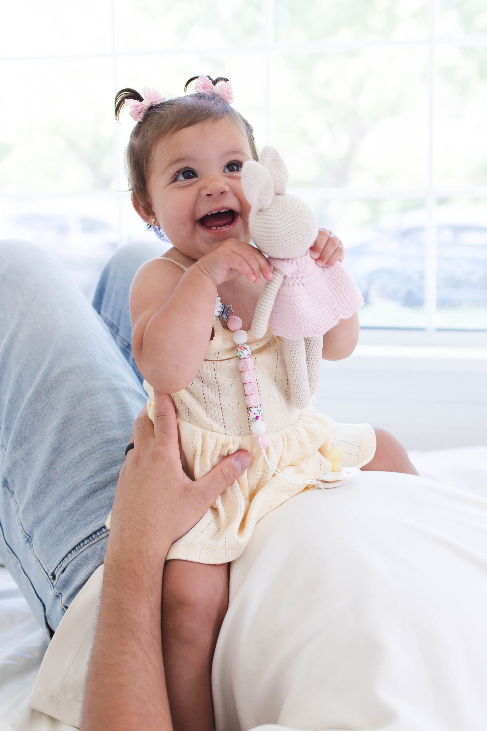 White Flower Pink Letter Blocks Pacifier Clip & Rattle - itty Bitty Keepsake