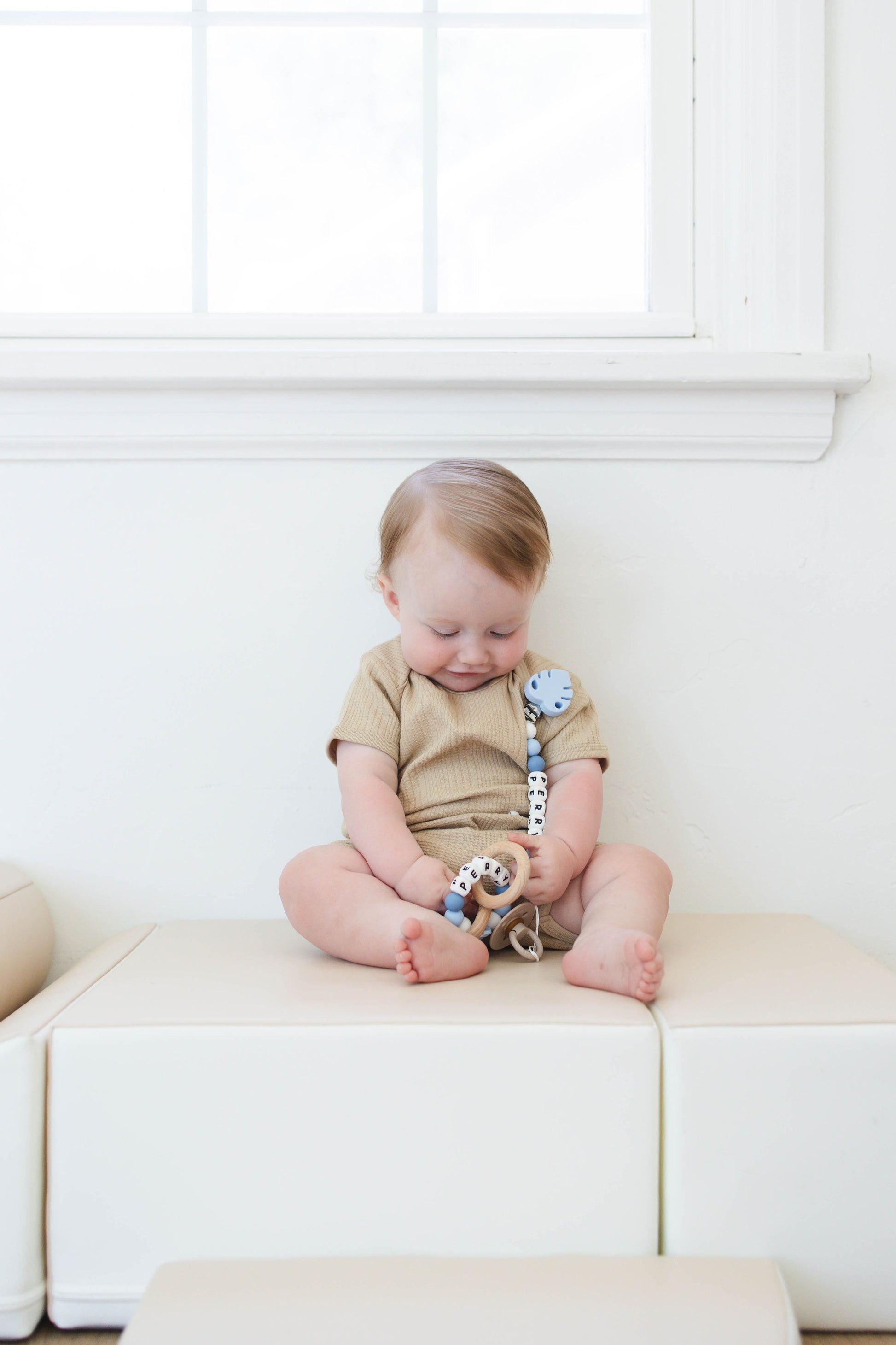 Blue Leaf Pacifier Clip & Matching Rattle - itty Bitty Keepsake