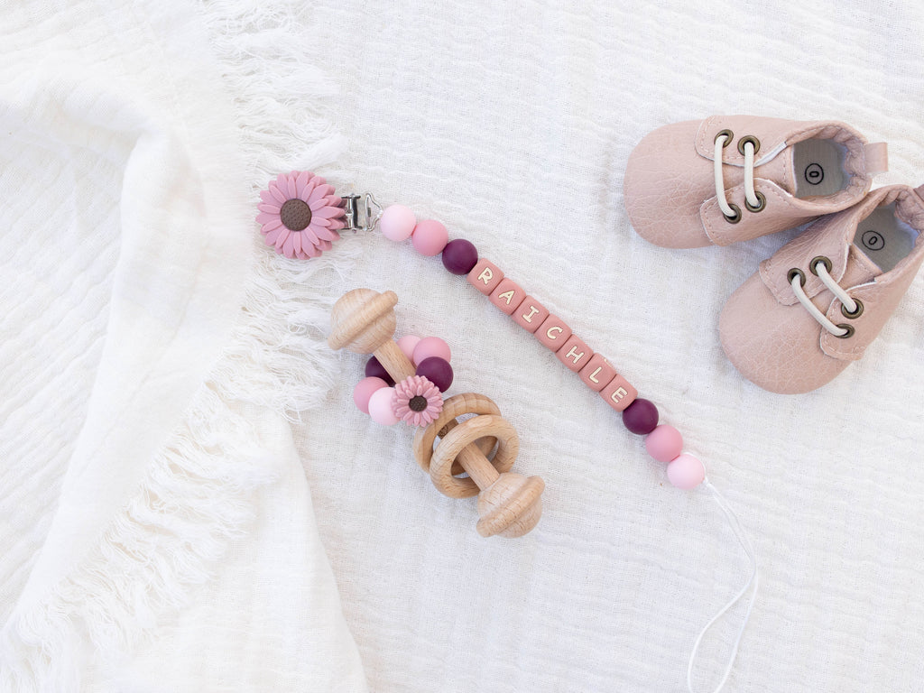 Dark Pink Flower Pacifier Clip & Rattle - itty Bitty Keepsake