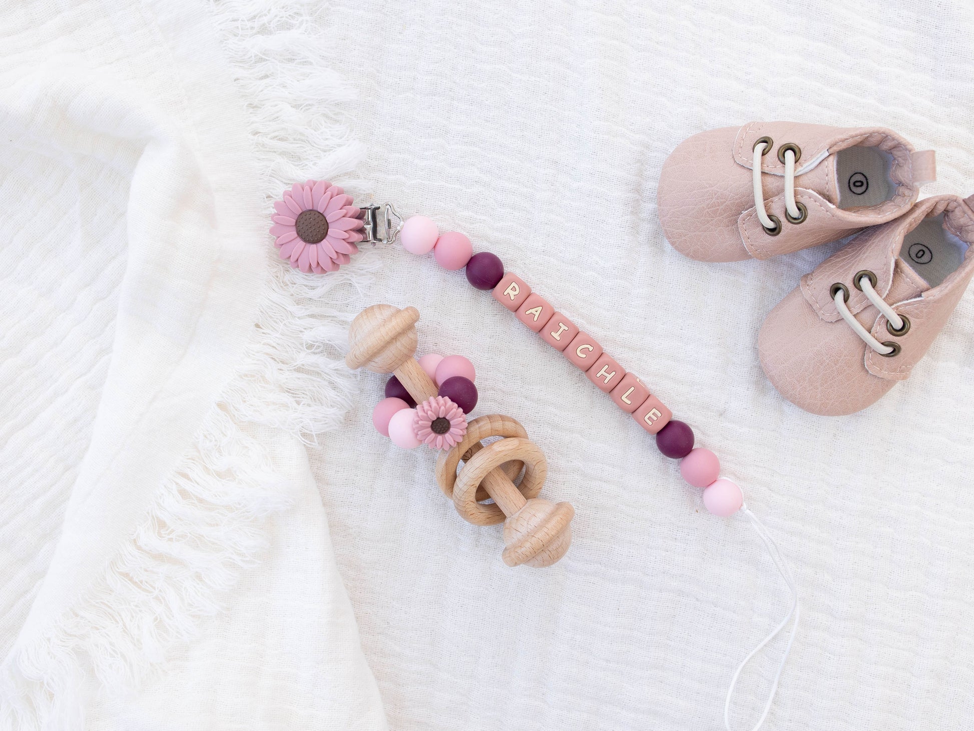 Dark Pink Flower Pacifier Clip & Rattle - itty Bitty Keepsake