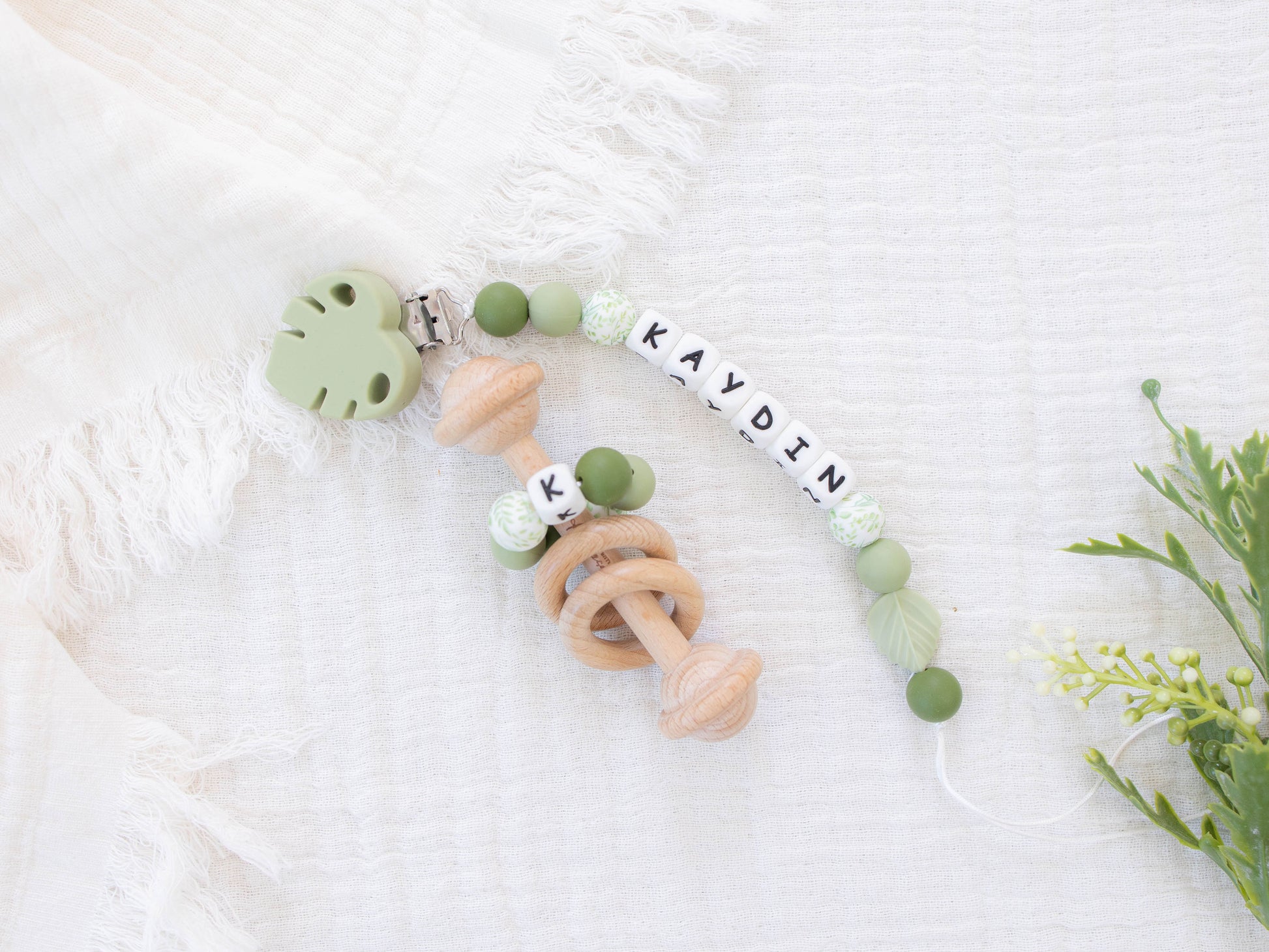 Green Leaf Pacifier Clip with Matching Rattle - itty Bitty Keepsake