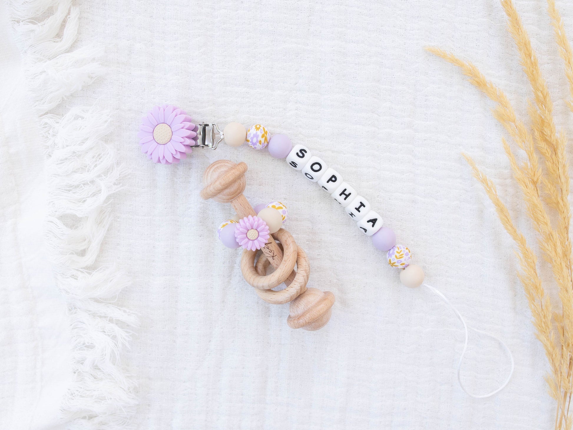Purple Flower Pacifier Clip & Rattle - itty Bitty Keepsake