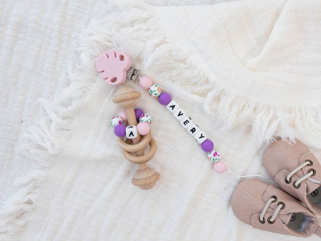 Pink Leaf Pacifier Clip & Matching Rattle - itty Bitty Keepsake