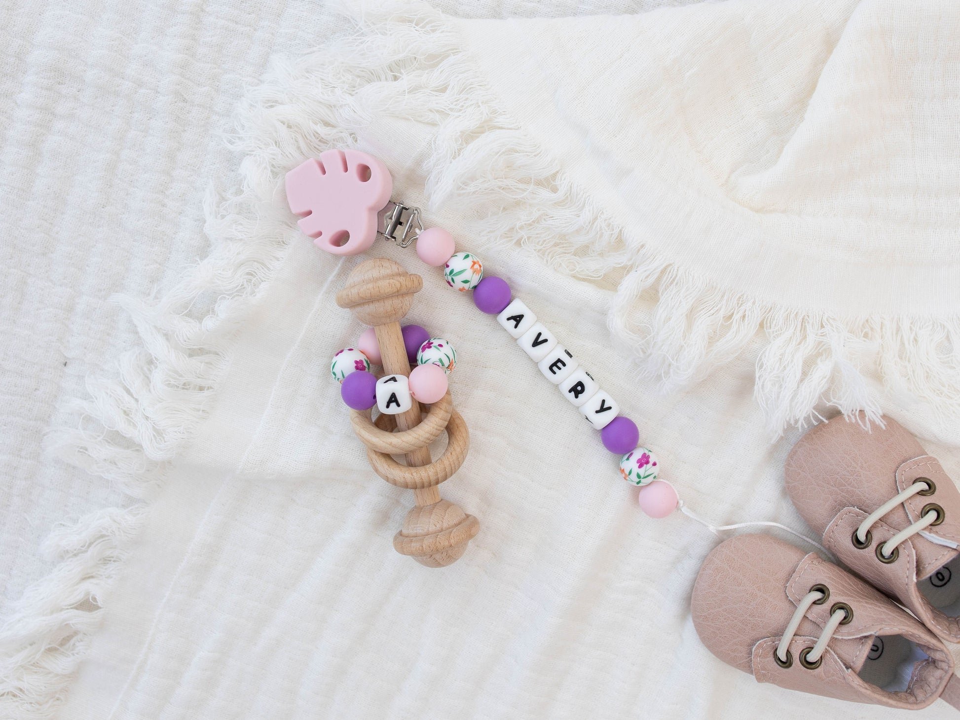 Pink Leaf Pacifier Clip & Matching Rattle - itty Bitty Keepsake