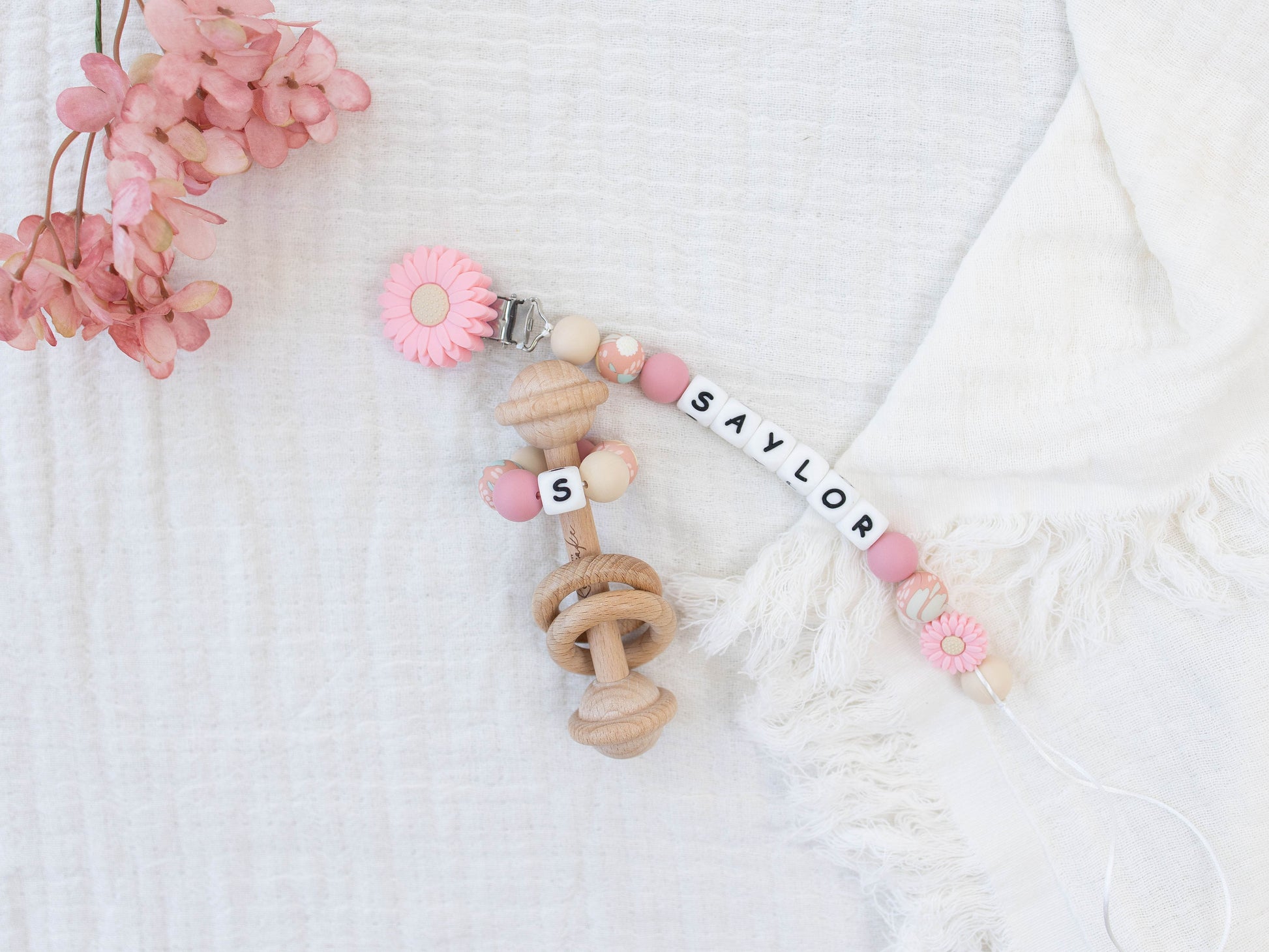 Pink Flower Pacifier Clip & Matching Rattle - itty Bitty Keepsake
