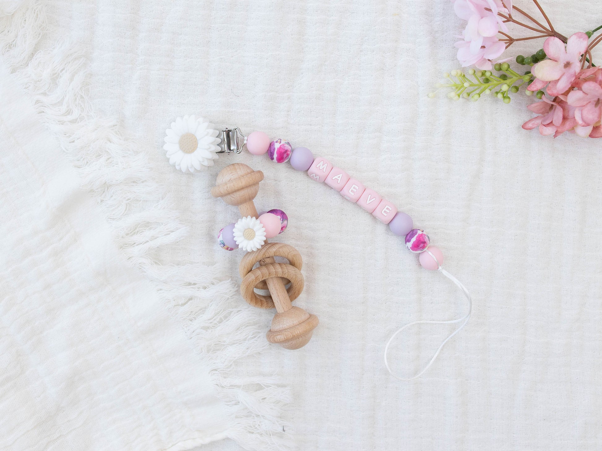 White Flower Pink Letter Blocks Pacifier Clip & Rattle - itty Bitty Keepsake