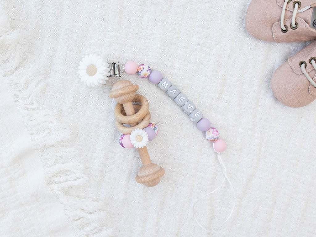 White flower Pacifier Clip & Matching Rattle - itty Bitty Keepsake