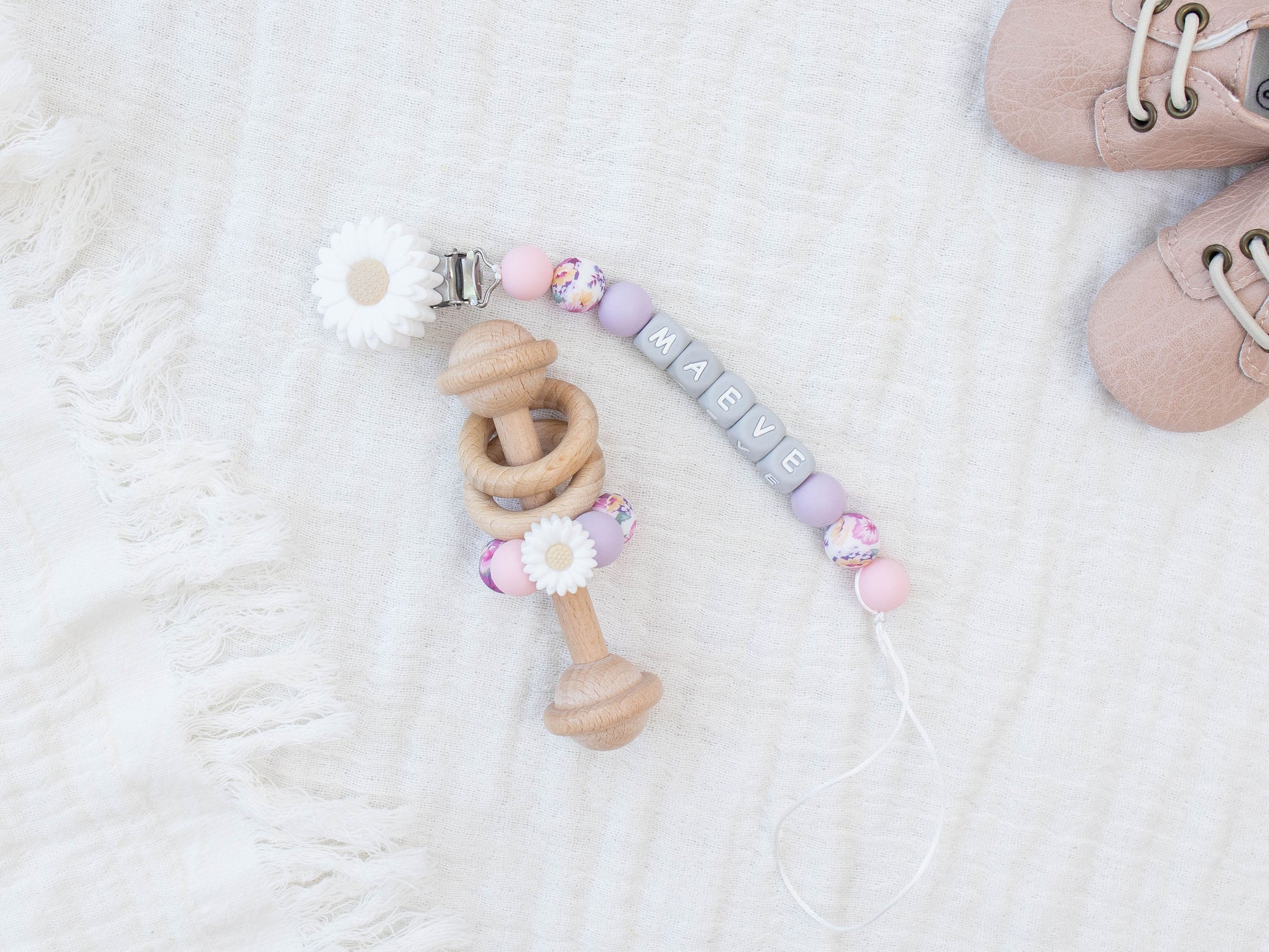 White flower Pacifier Clip & Matching Rattle - itty Bitty Keepsake