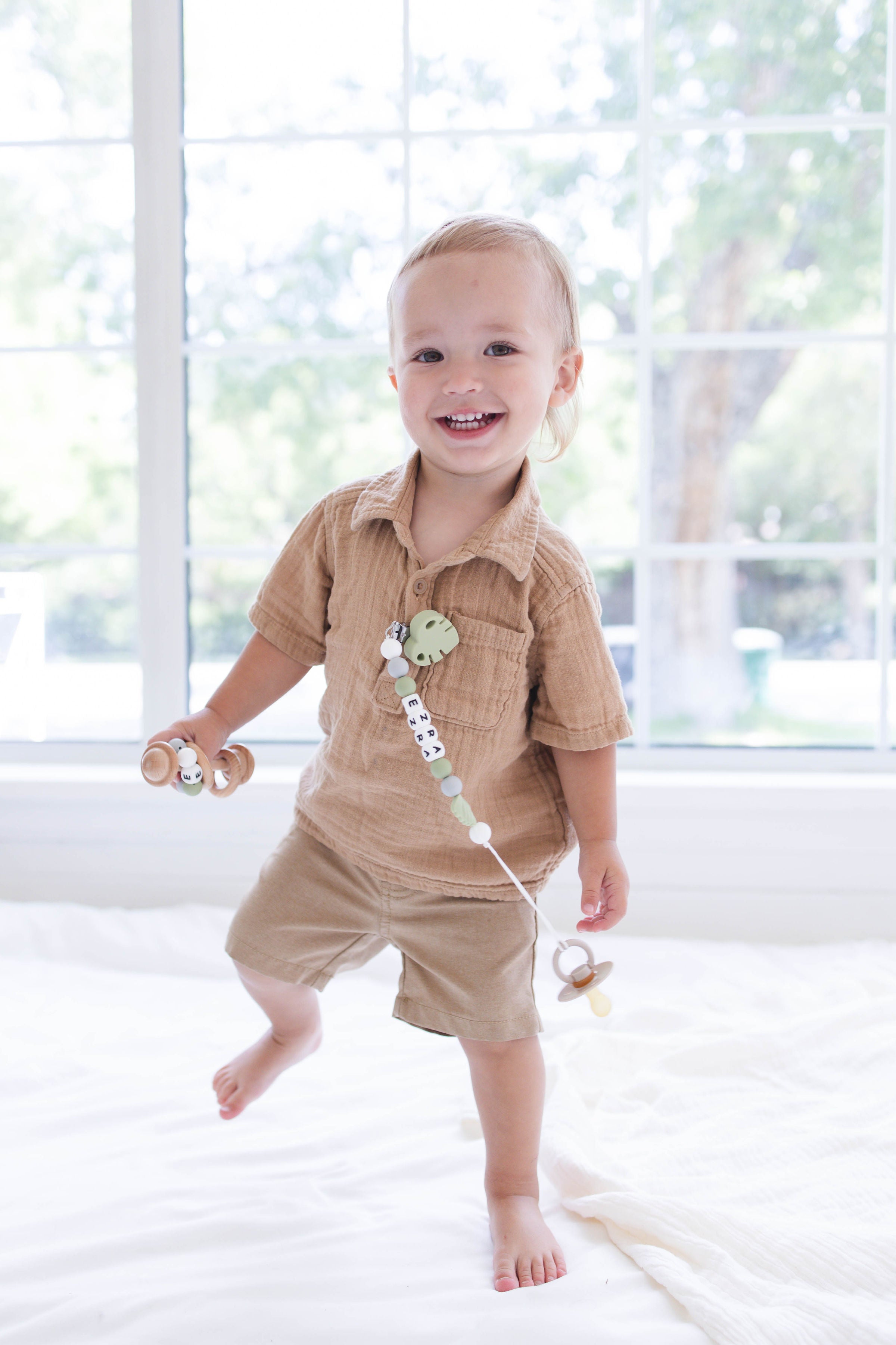 Green Leaf Pacifier Clip with Matching Rattle - itty Bitty Keepsake