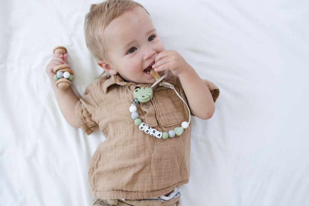 Green Leaf Pacifier Clip with Matching Rattle - itty Bitty Keepsake