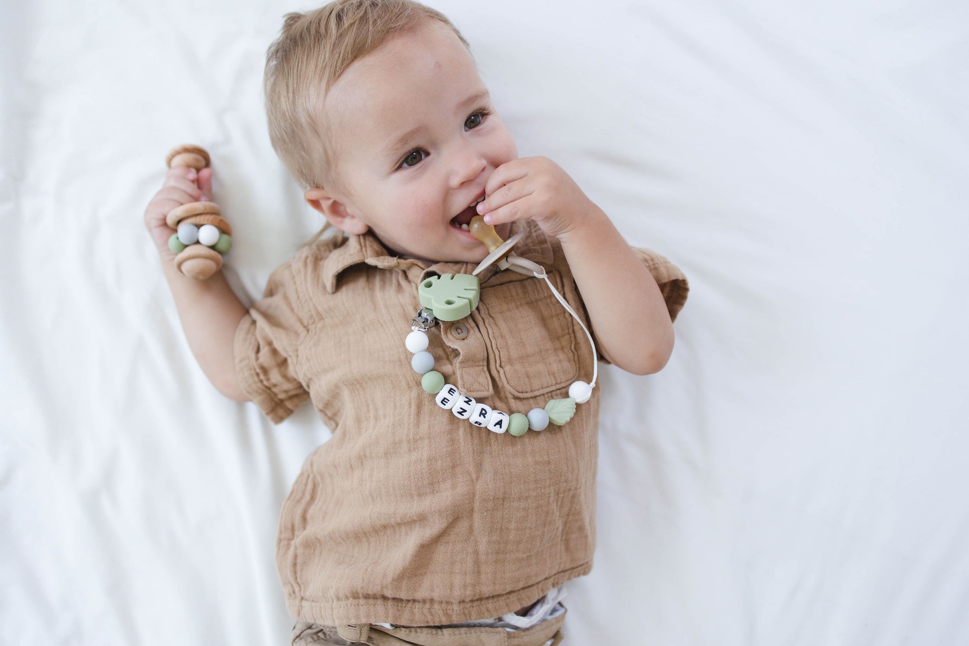 Green Leaf Pacifier Clip with Matching Rattle - itty Bitty Keepsake