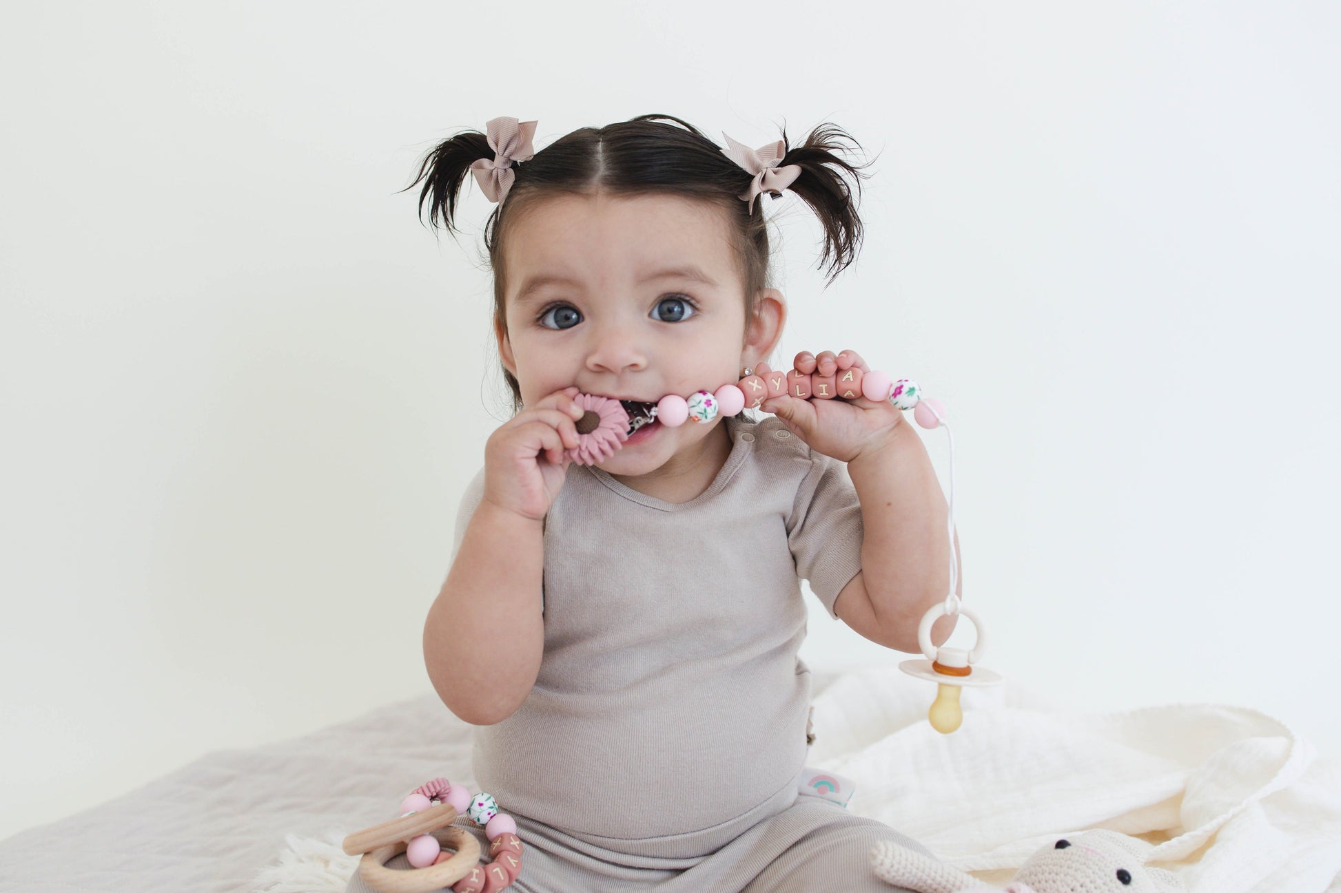 Dark Pink Flower Pacifier Clip & Rattle - itty Bitty Keepsake