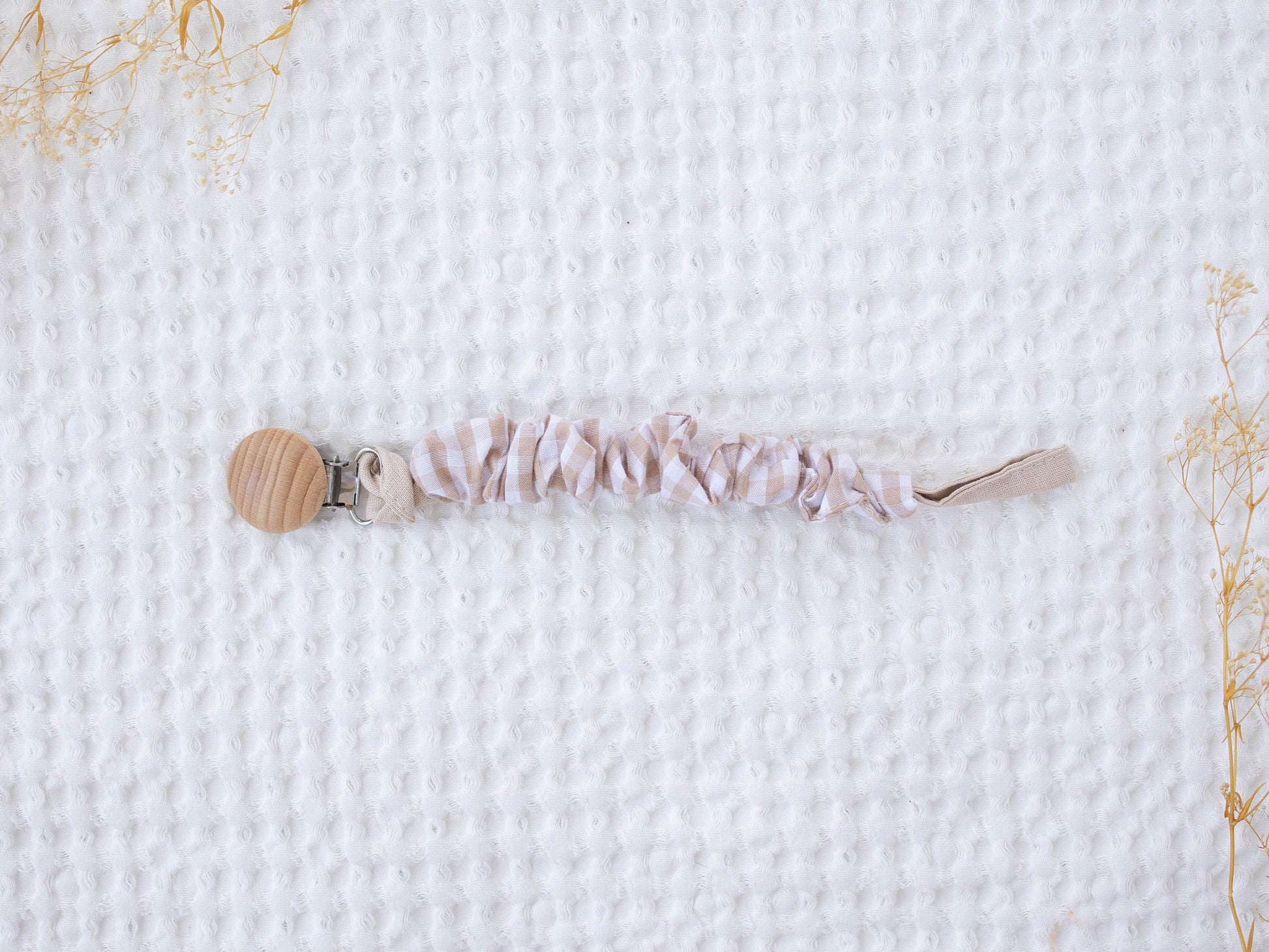 Oat Gingham Fabric Pacifier Clip - itty Bitty Keepsake