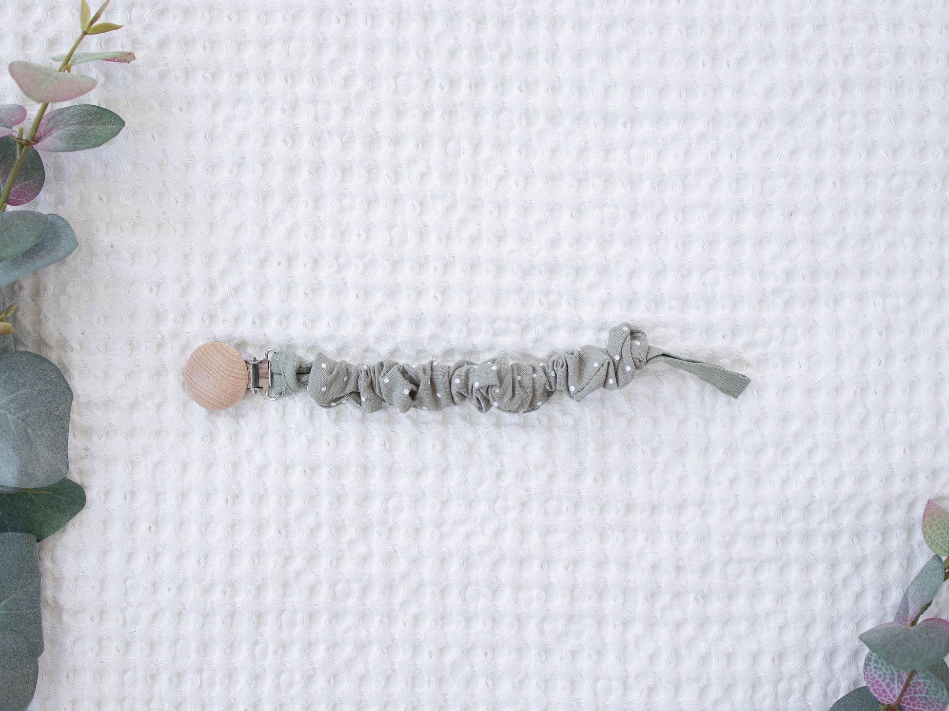 Sage Dots Fabric Pacifier Clip - itty Bitty Keepsake