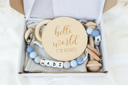 Baby Boy Gift Set – Mini Lovey, Name Clip, Rattle & Birth Announcement Plaque - itty Bitty Keepsake