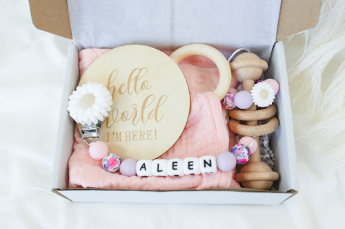 Baby Girl Gift Set – Mini Lovey, Name Clip, Rattle & Birth Announcement Plaque - itty Bitty Keepsake