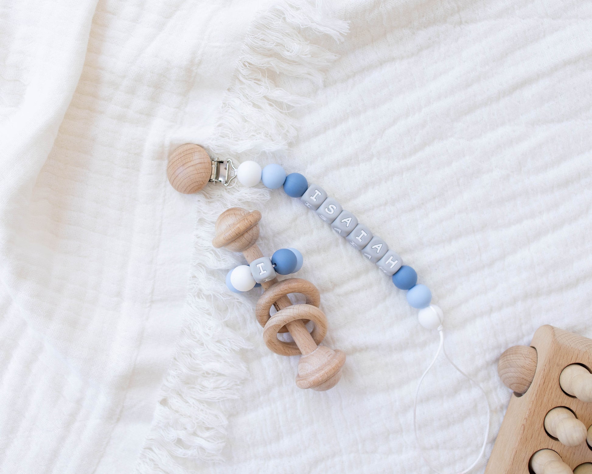 Gray Letters Pacifier Clip & Matching Rattle - itty Bitty Keepsake
