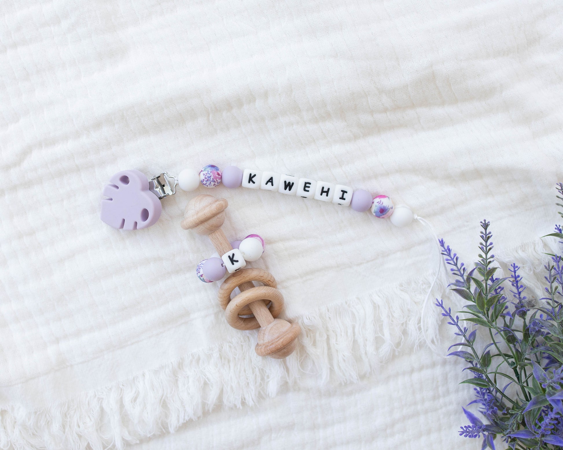 Purple Leaf Pacifier Clip with Matching Rattle - itty Bitty Keepsake