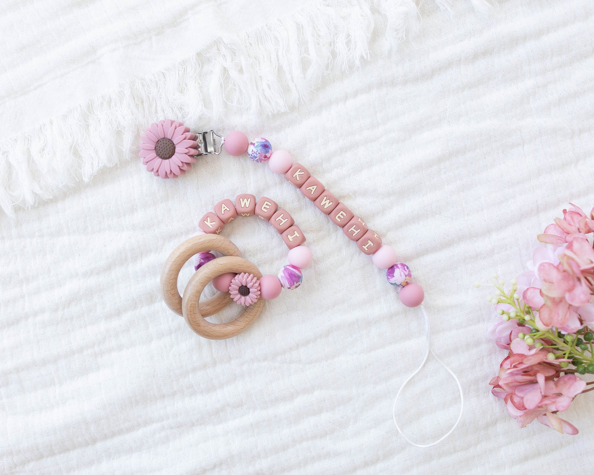 Dark Pink Flower Pacifier Clip & Rattle - itty Bitty Keepsake