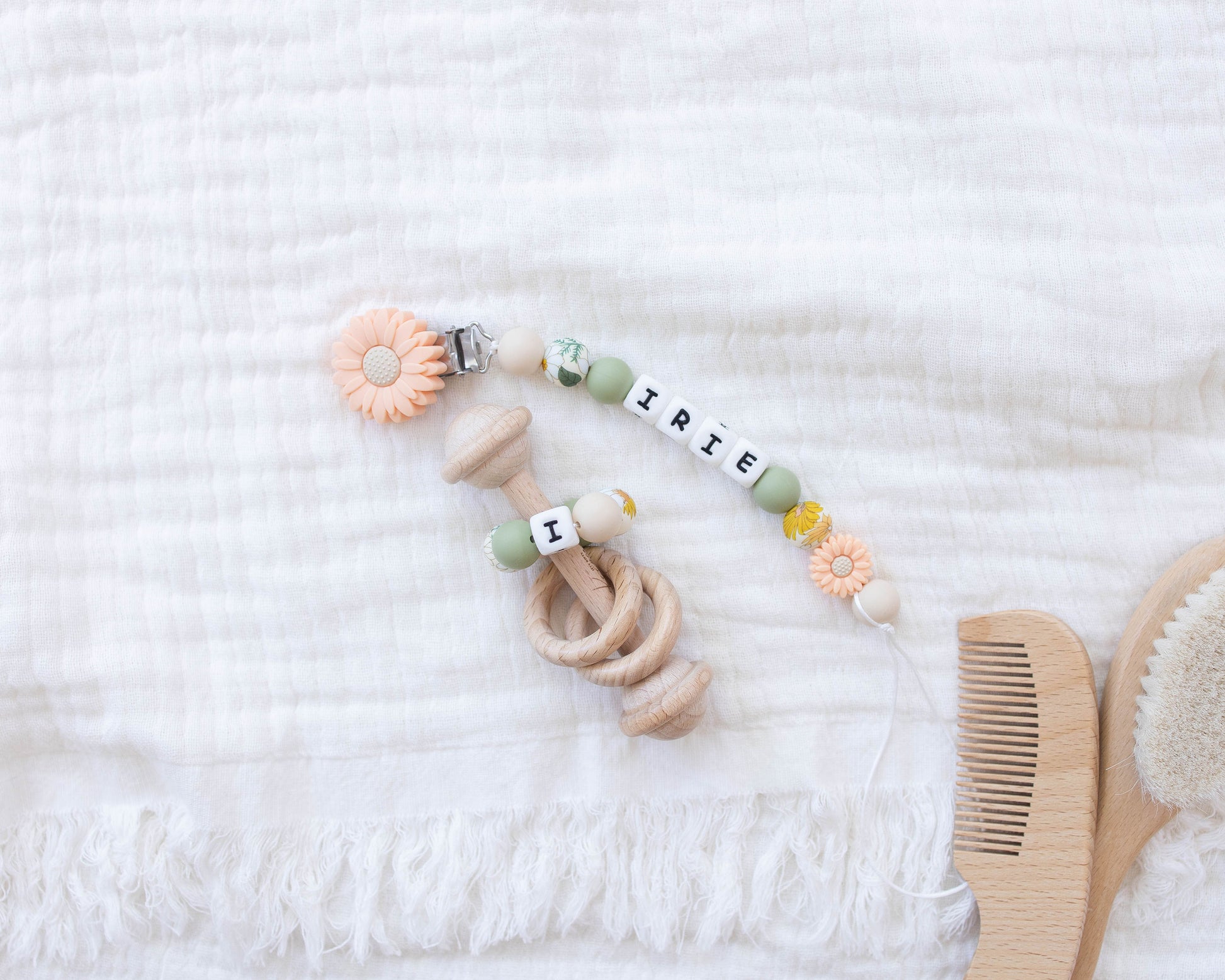 Peach Colored flower Pacifier Clip & Matching Rattle - itty Bitty Keepsake