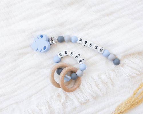 Blue Leaf Pacifier Clip & Matching Rattle - itty Bitty Keepsake