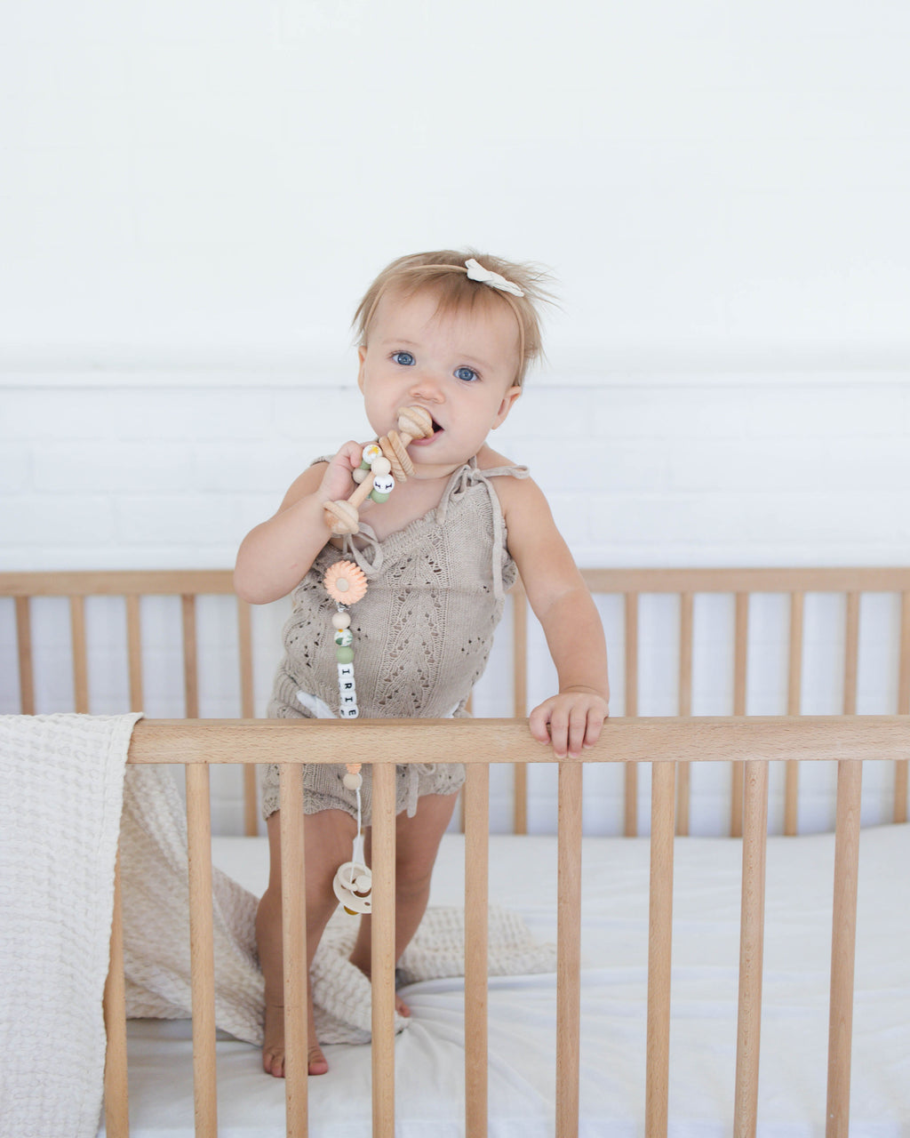 Peach Colored flower Pacifier Clip & Matching Rattle - itty Bitty Keepsake