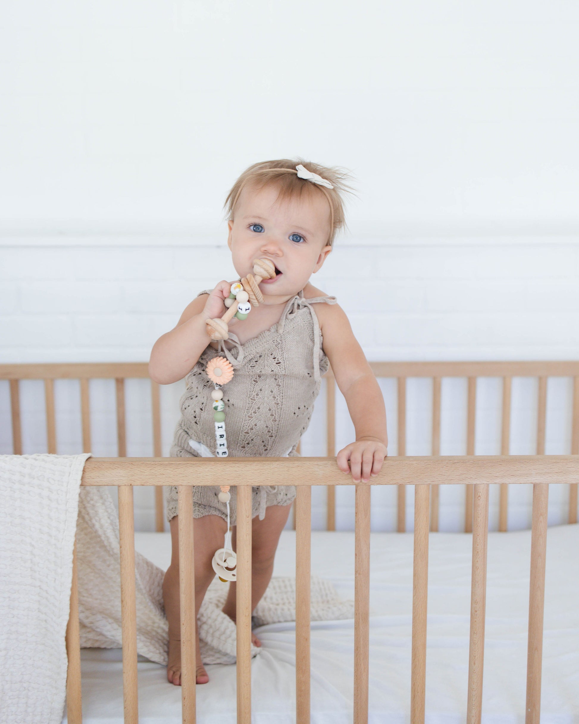 Peach Colored flower Pacifier Clip & Matching Rattle - itty Bitty Keepsake