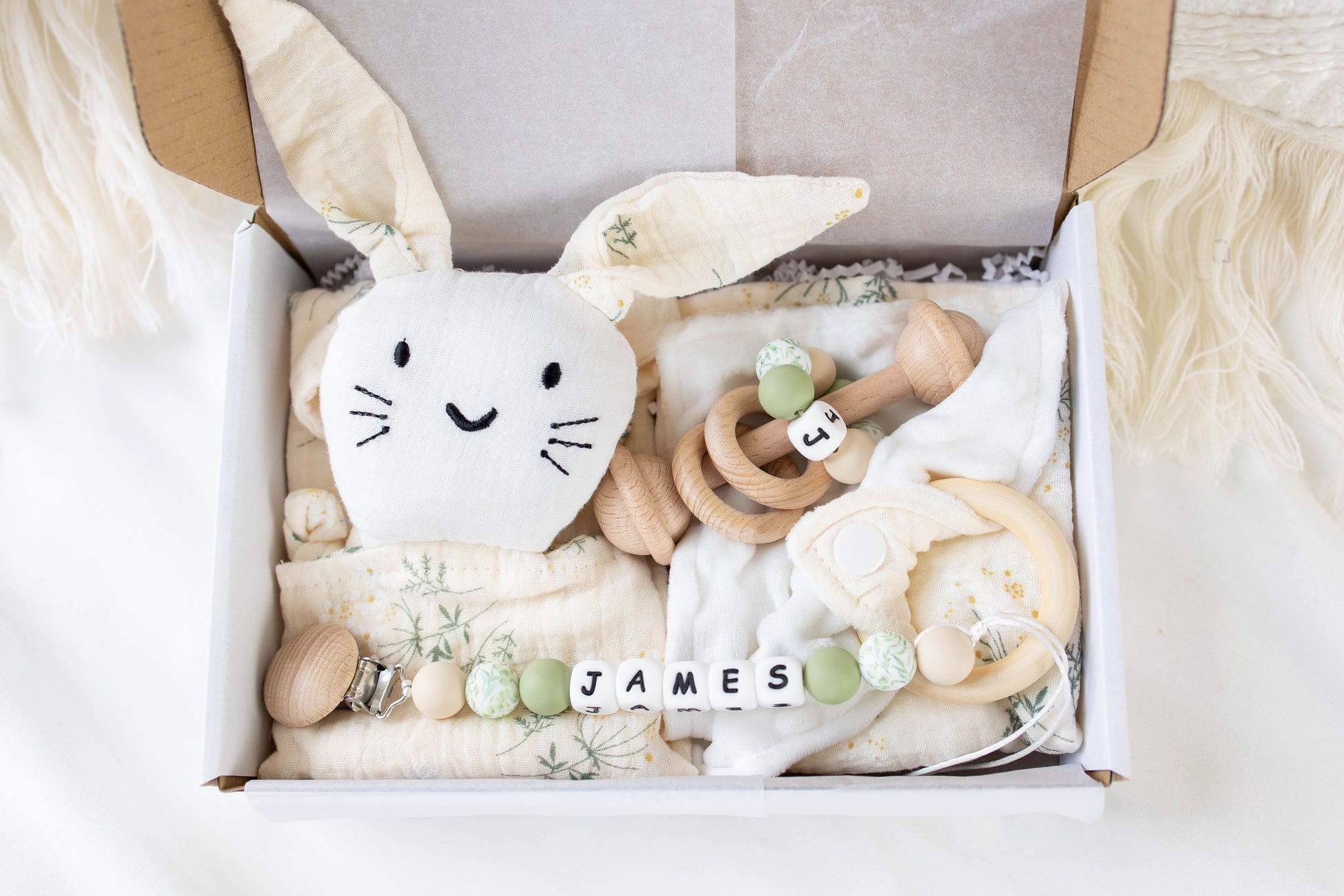 Heirloom Baby Gift Set – Pacifier Clip, Bunny Lovey, Rattle & Mini Blanket - itty Bitty Keepsake