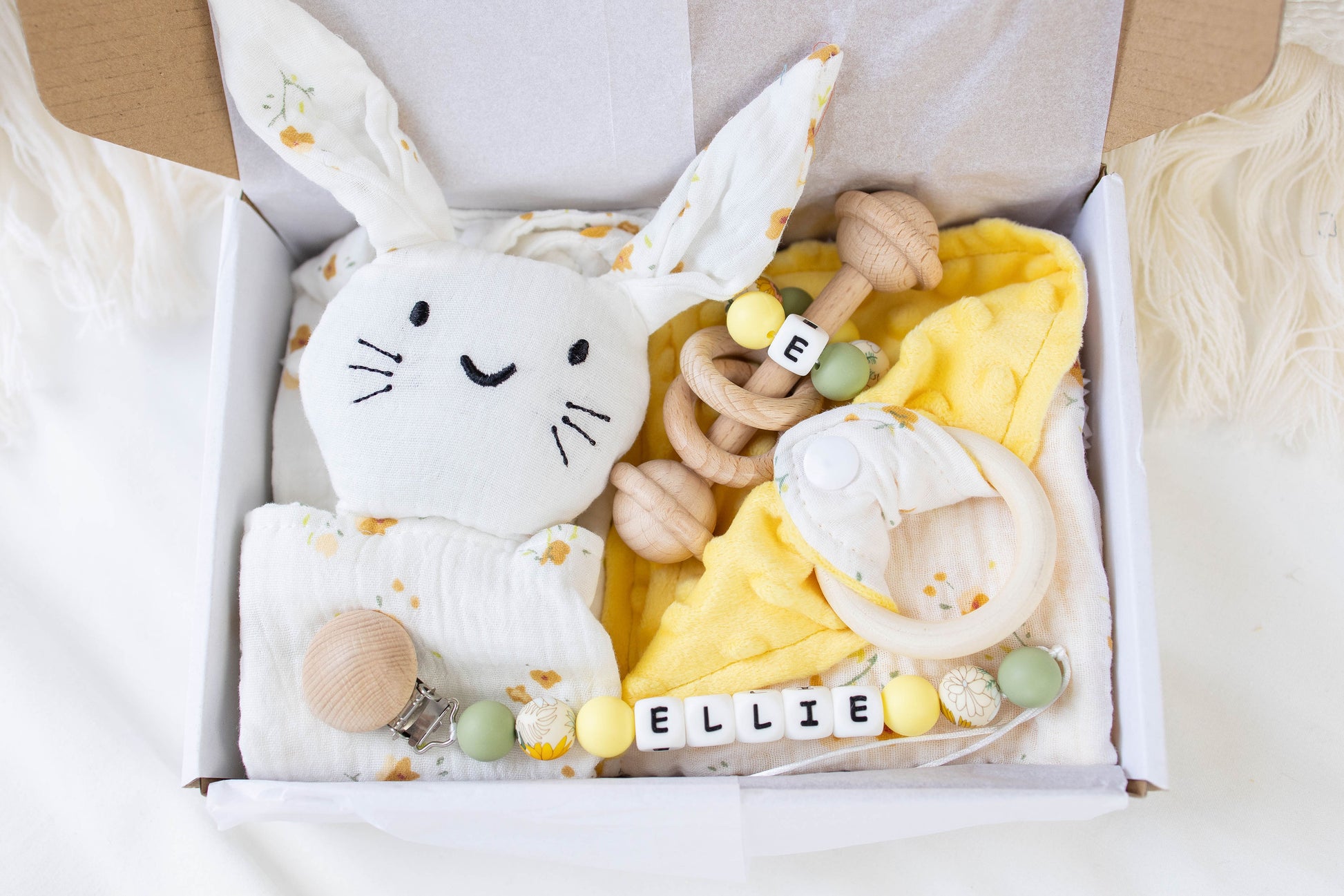 Heirloom Baby Gift Set – Pacifier Clip, Bunny Lovey, Rattle & Mini Blanket - itty Bitty Keepsake