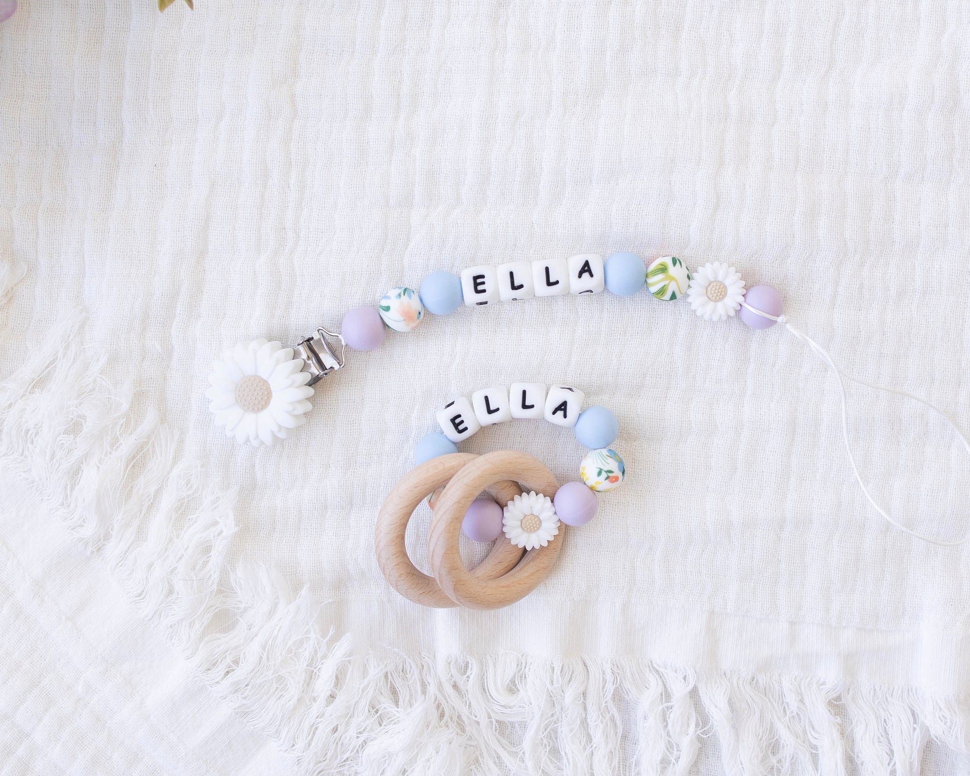 White Flower Pacifier Clip & Rattle - itty Bitty Keepsake