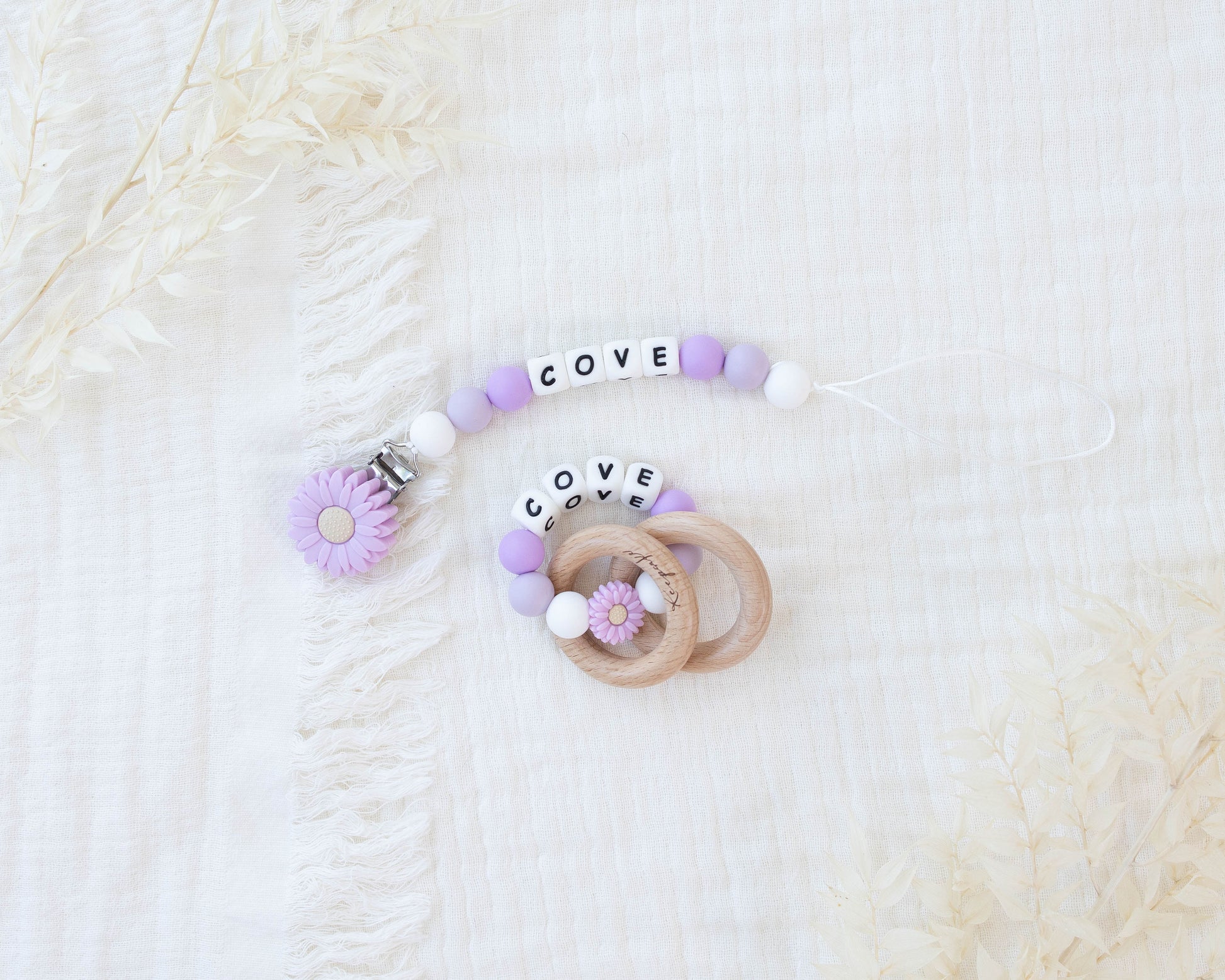 Purple flower Pacifier Clip & Matching Rattle - itty Bitty Keepsake