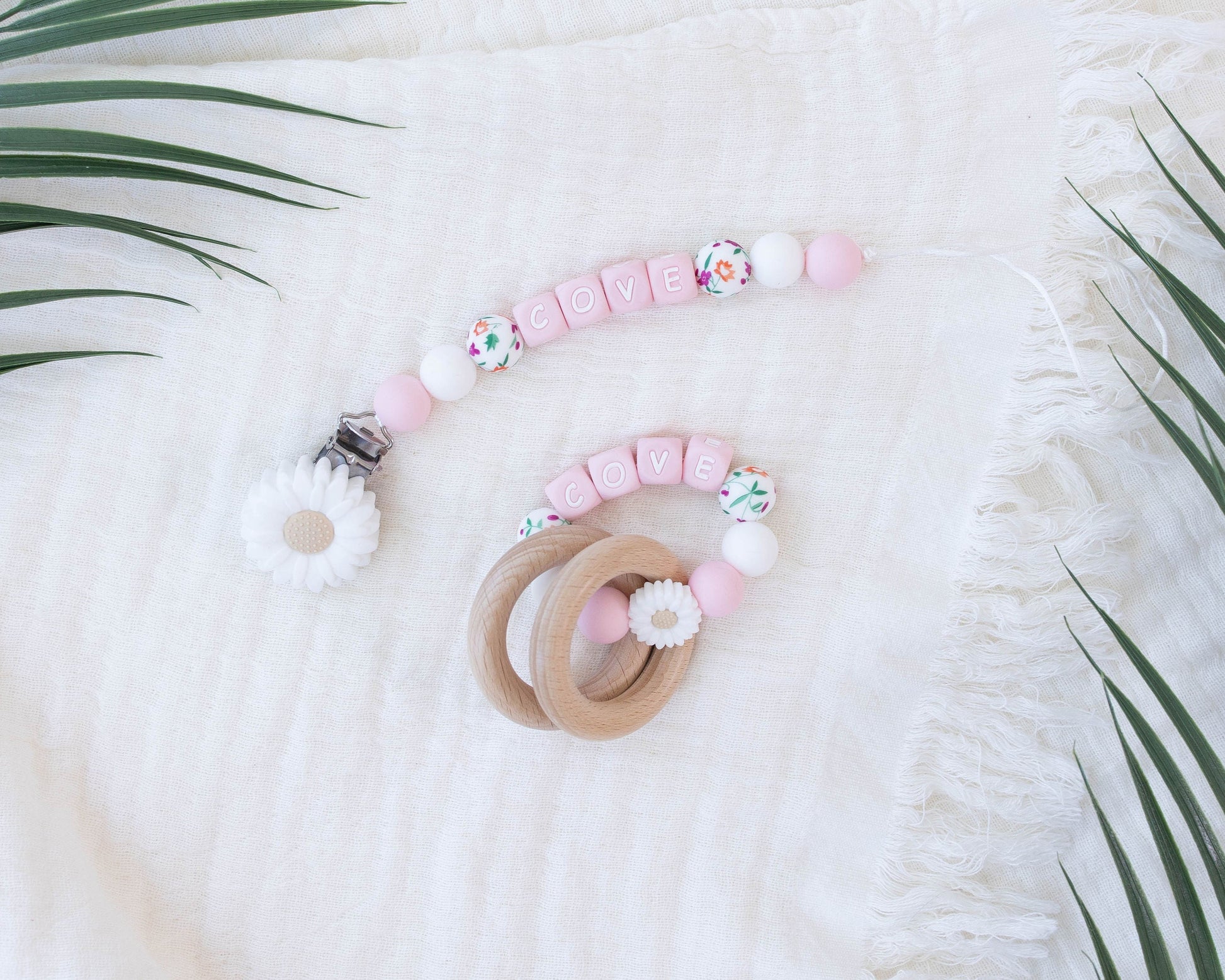 White Flower Pink Letter Blocks Pacifier Clip & Rattle - itty Bitty Keepsake