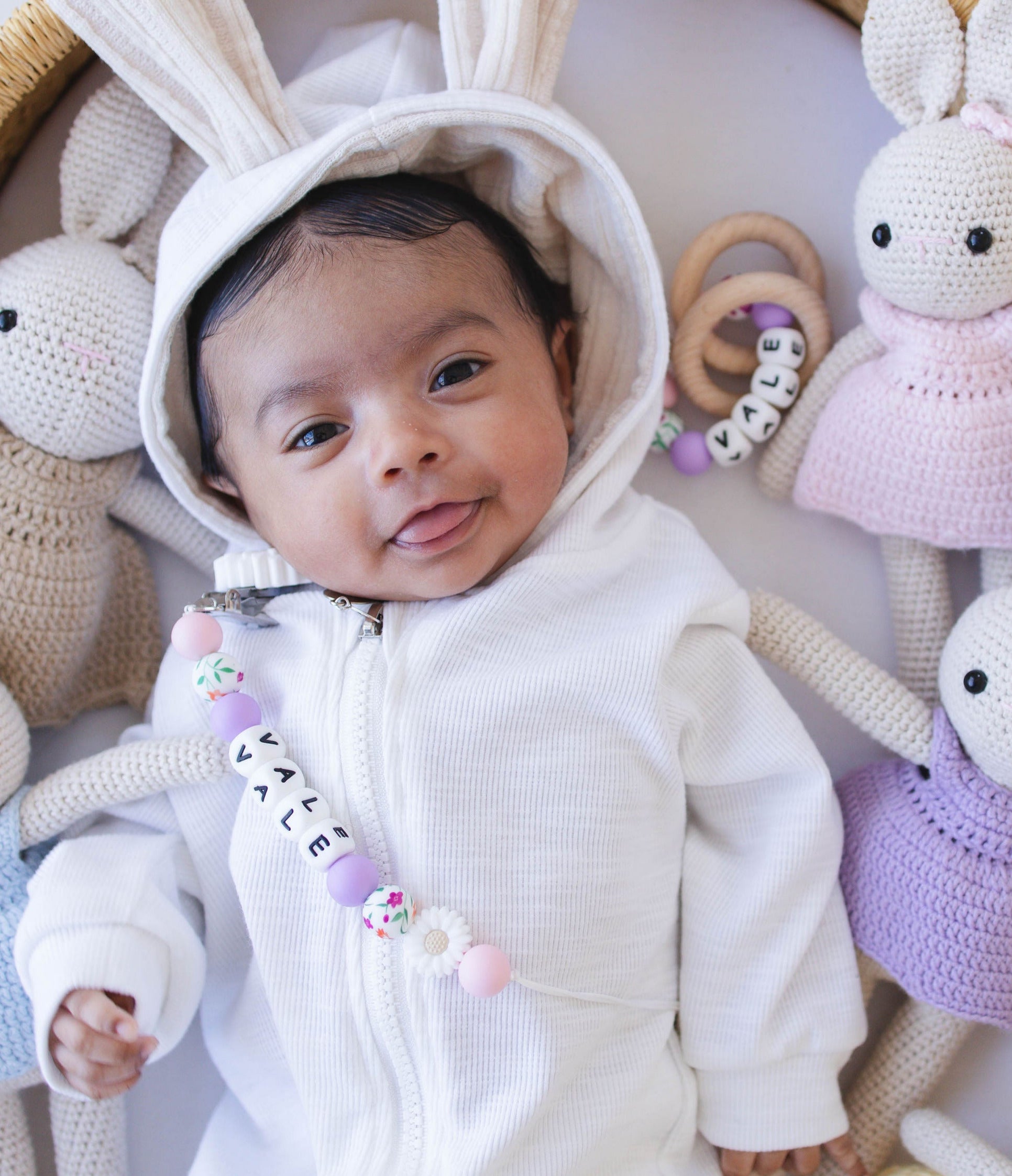 White Flower Pacifier Clip & Rattle - itty Bitty Keepsake