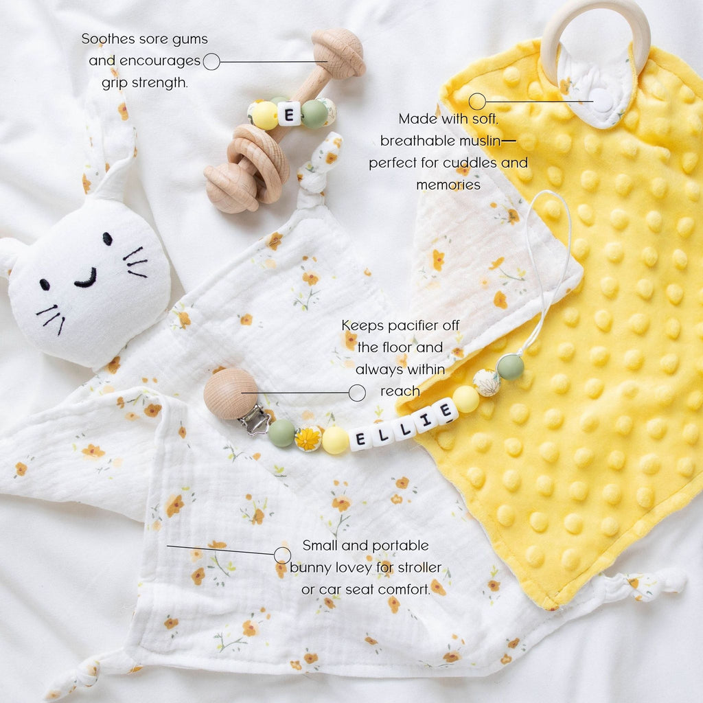 Heirloom Baby Gift Set – Pacifier Clip, Bunny Lovey, Rattle & Mini Blanket - itty Bitty Keepsake