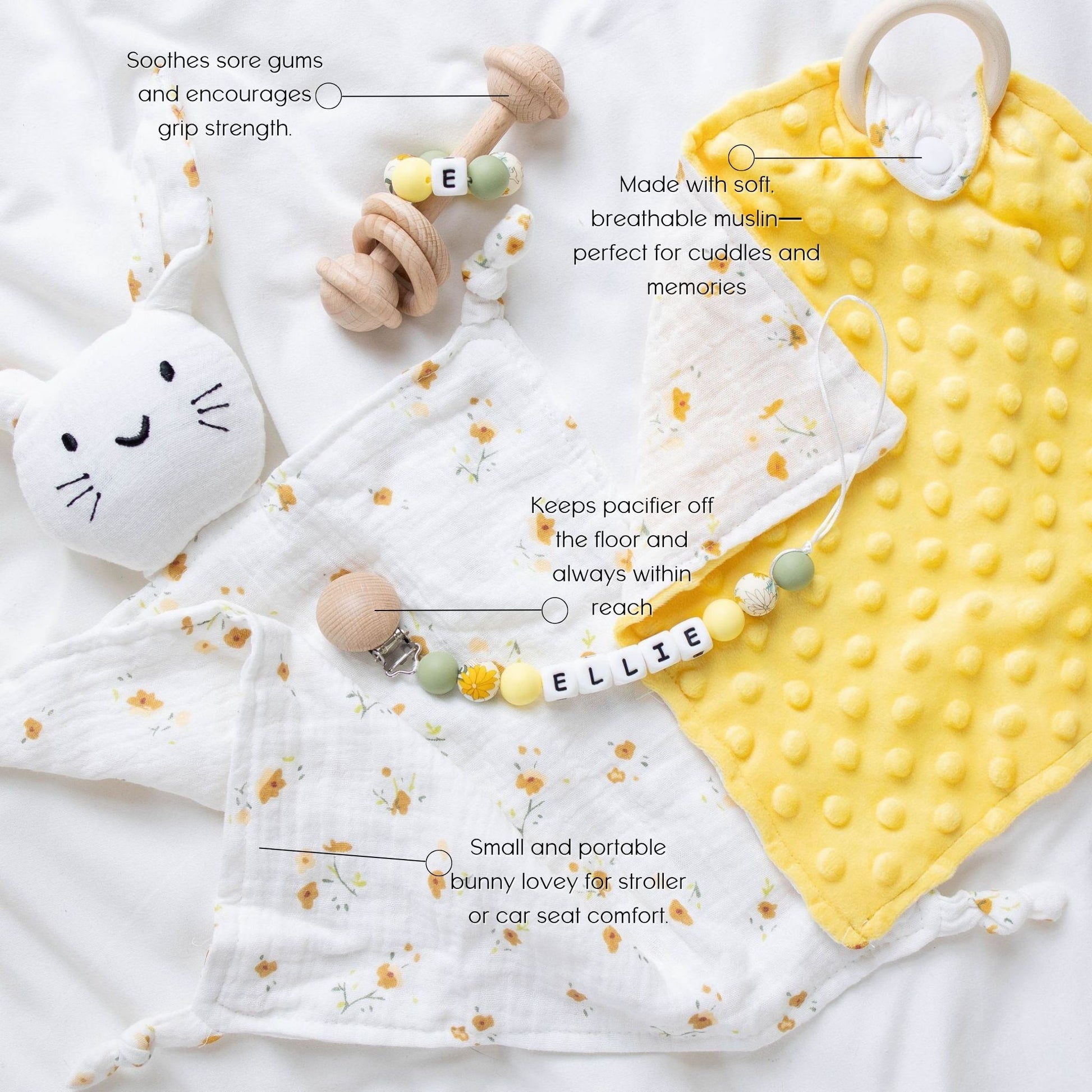 Heirloom Baby Gift Set – Pacifier Clip, Bunny Lovey, Rattle & Mini Blanket - itty Bitty Keepsake