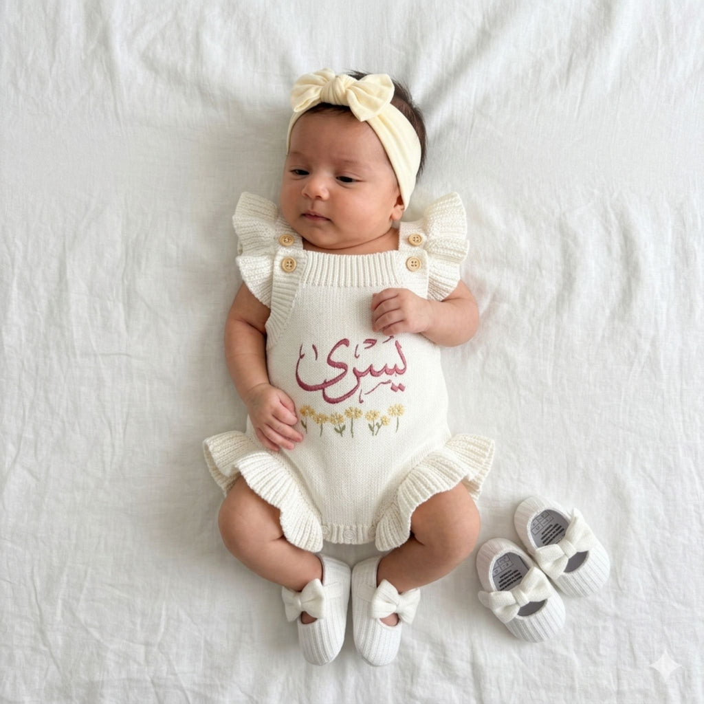 White Personalized Arabic Flower 100% Cotton Romper - itty Bitty Keepsake