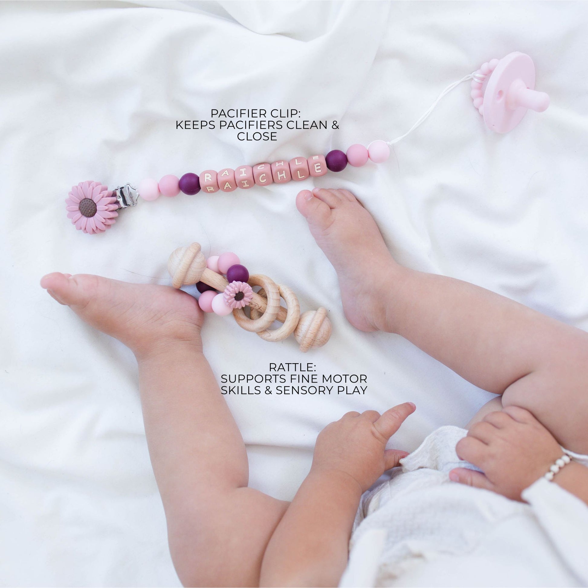 Dark Pink Flower Pacifier Clip & Rattle - itty Bitty Keepsake