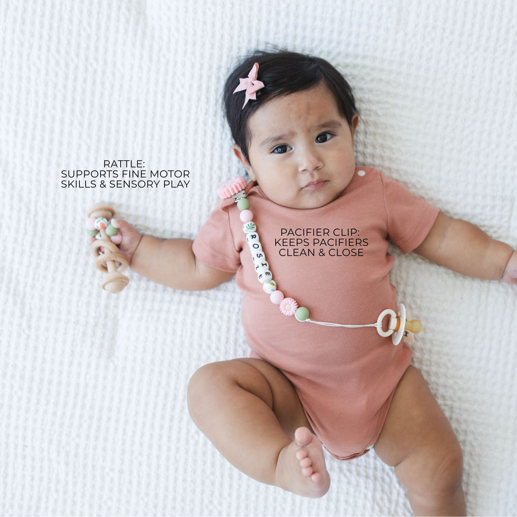 Pink Flower Pacifier Clip & Matching Rattle - itty Bitty Keepsake
